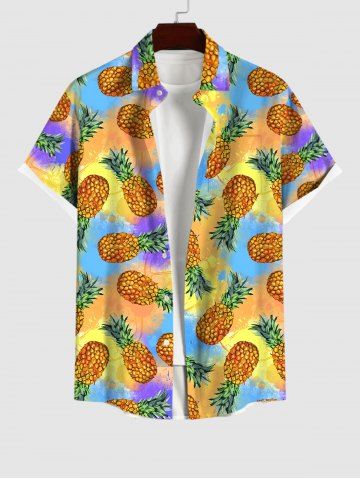 Plus Size Pineapple Splatter Tie Dye Colorblock Print Buttons Pocket Hawaii Shirt For Men - MULTI-A - M