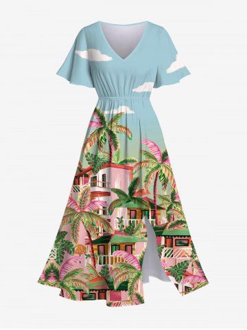 Plus Size Coconut Tree House Sky Cloud Print Hawaii Split Pocket A Line Dress