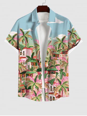 Plus Size Coconut Tree House Sky Cloud Print Hawaii Button Pocket Shirt For Men - MULTI-A - M