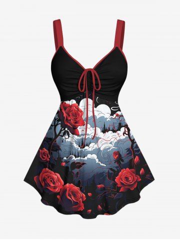 Plus Size Rose Flower Cloud Print Backless Cinched Tank Top - BLACK - 2X