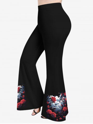 Plus Size Rose Flower Cloud Print Flare Pants - BLACK - XS