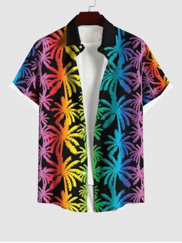 Plus Size Colorful Ombre Coconut Tree Print Hawaii Button Pocket Shirt For Men
