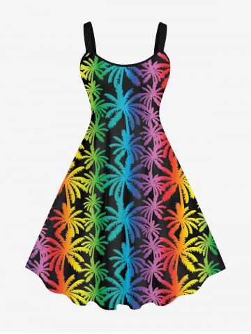 Plus Size Colorful Ombre Coconut Tree Print Hawaii Backless A Line Tank Dress