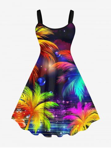 Plus Size Galaxy Bubble Ombre Coconut Tree Print Hawaii Tank Dress