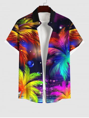 Plus Size Galaxy Bubble Ombre Coconut Tree Print Buttons Pocket Hawaii Shirt For Men