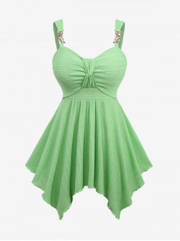 Plus Size Glitter Sparkling Butterfly Chain Decor Knotted Bust Pointelle Solid Backless Handkerchief Tank Top - GREEN - M | US 10