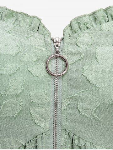 Plus Size Cold Shoulder Floral Leaf Applique O-Ring Zipper Chain Blouse