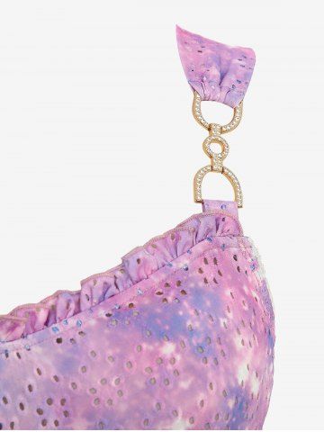 Plus Size Galaxy Ombre Print Twist Buckle Ruffles Hollow Out Tank Top