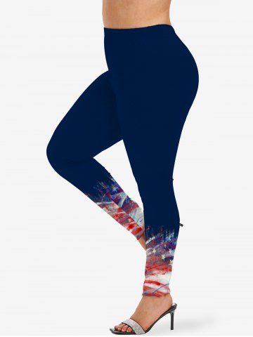 Plus Size American Flag Paint Splatter Print Leggings - DEEP BLUE - XS
