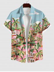 Plus Size Coconut Tree House Sky Cloud Print Hawaii Button Pocket Shirt For Men -  