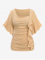 Plus Size Ruffles Asymmetrical Ruched Butterfly Sleeves Textured T-shirt -  