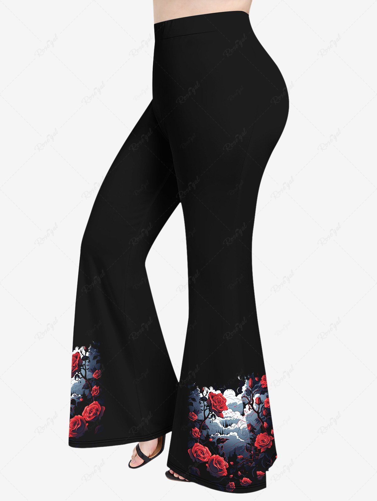 Pantalon Évasé Imprimé Nuage Floral Grande Taille Noir M