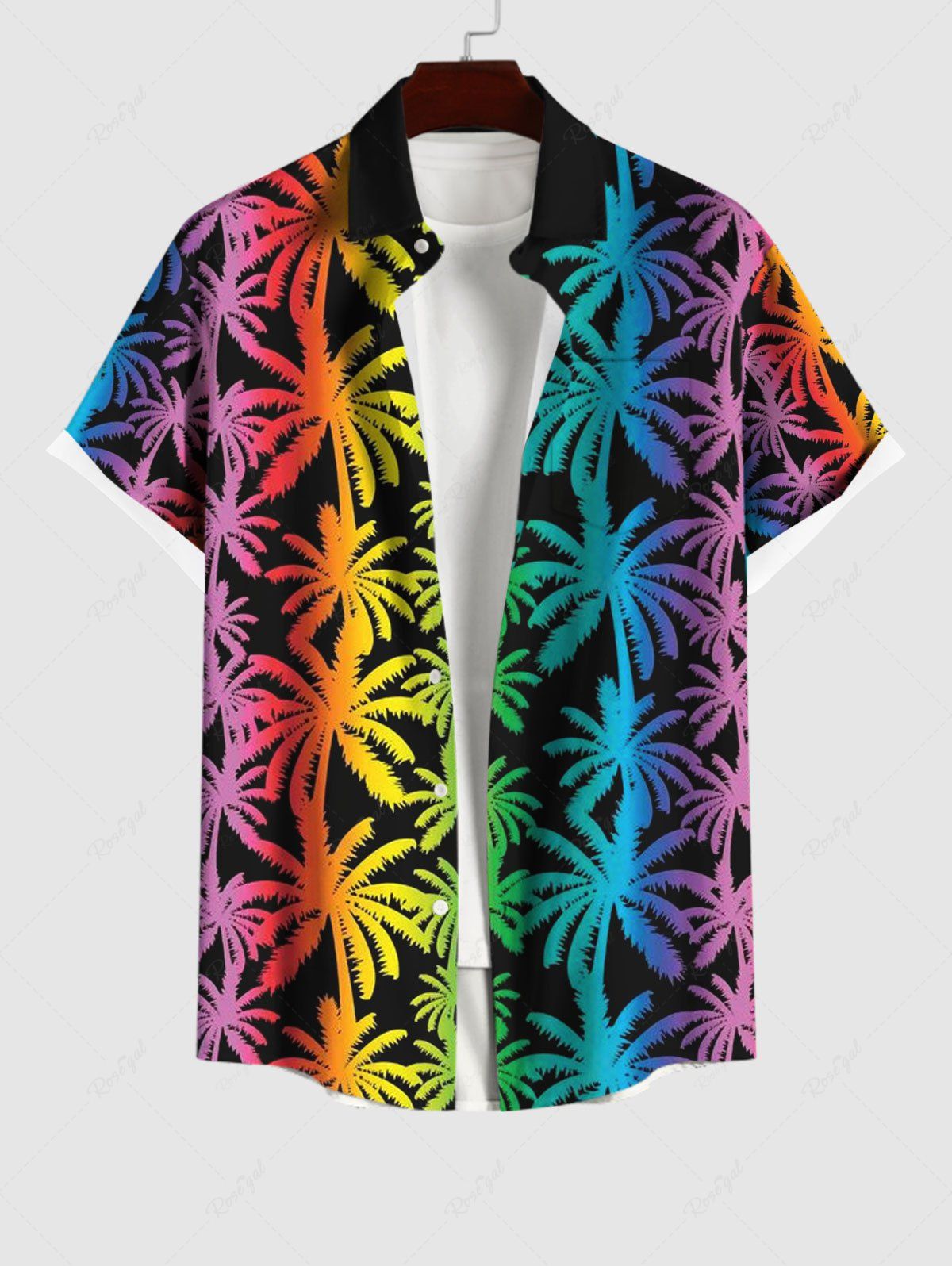 Sale Plus Size Colorful Ombre Coconut Tree Print Hawaii Button Pocket Shirt For Men  