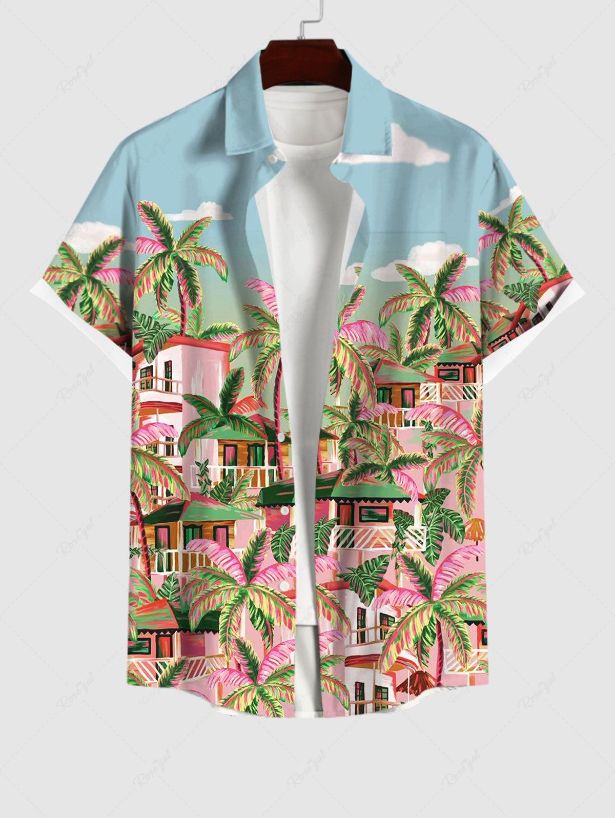 Fashion Plus Size Coconut Tree House Sky Cloud Print Hawaii Button Pocket Shirt For Men  