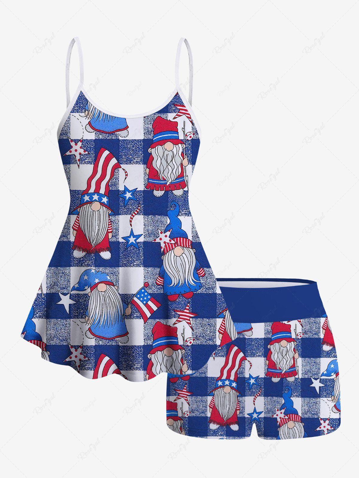 Maillot de Bain Tankini Drapeau Américain Etoile Imprimée à Carreaux à Bretelle Ajustable Bleu clair 6X