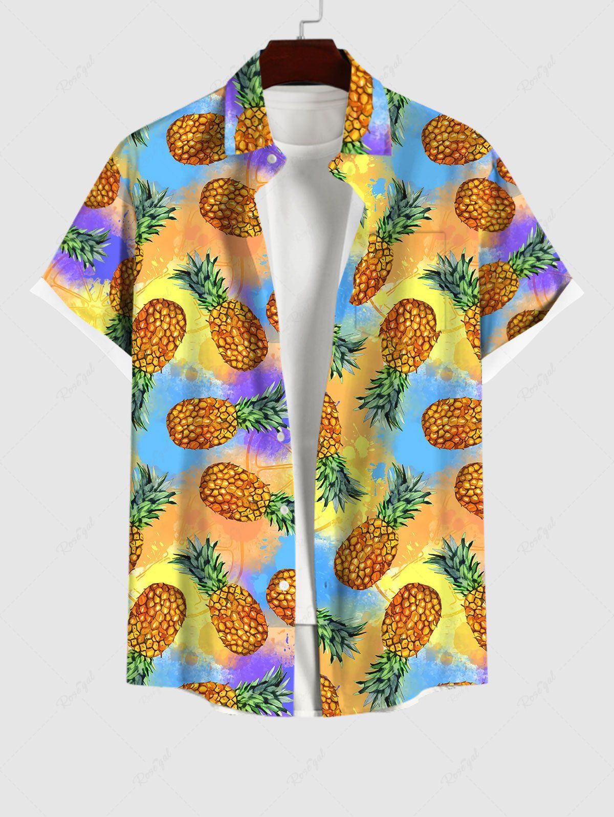 Online Plus Size Pineapple Splatter Tie Dye Colorblock Print Buttons Pocket Hawaii Shirt For Men  