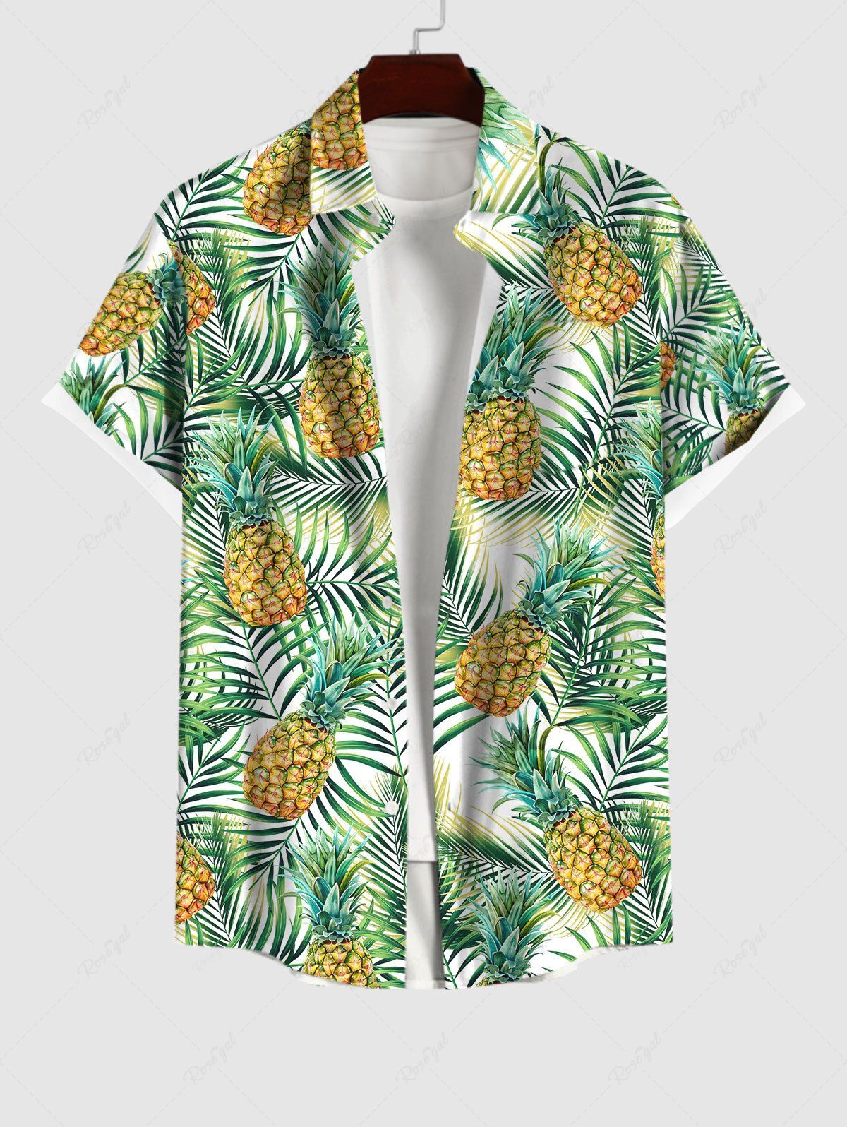 Online Plus Size Pineapple Coconut Tree Leaf Print Buttons Pocket Hawaii Shirt For Men  