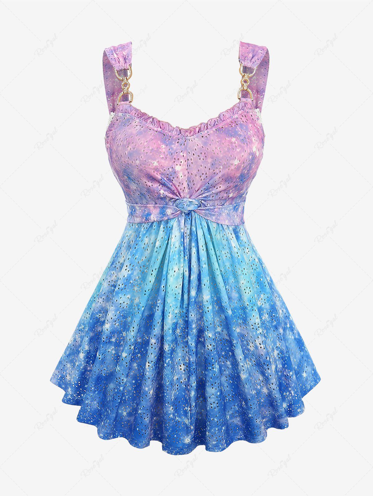 Fashion Plus Size Galaxy Ombre Print Twist Buckle Ruffles Hollow Out Tank Top  
