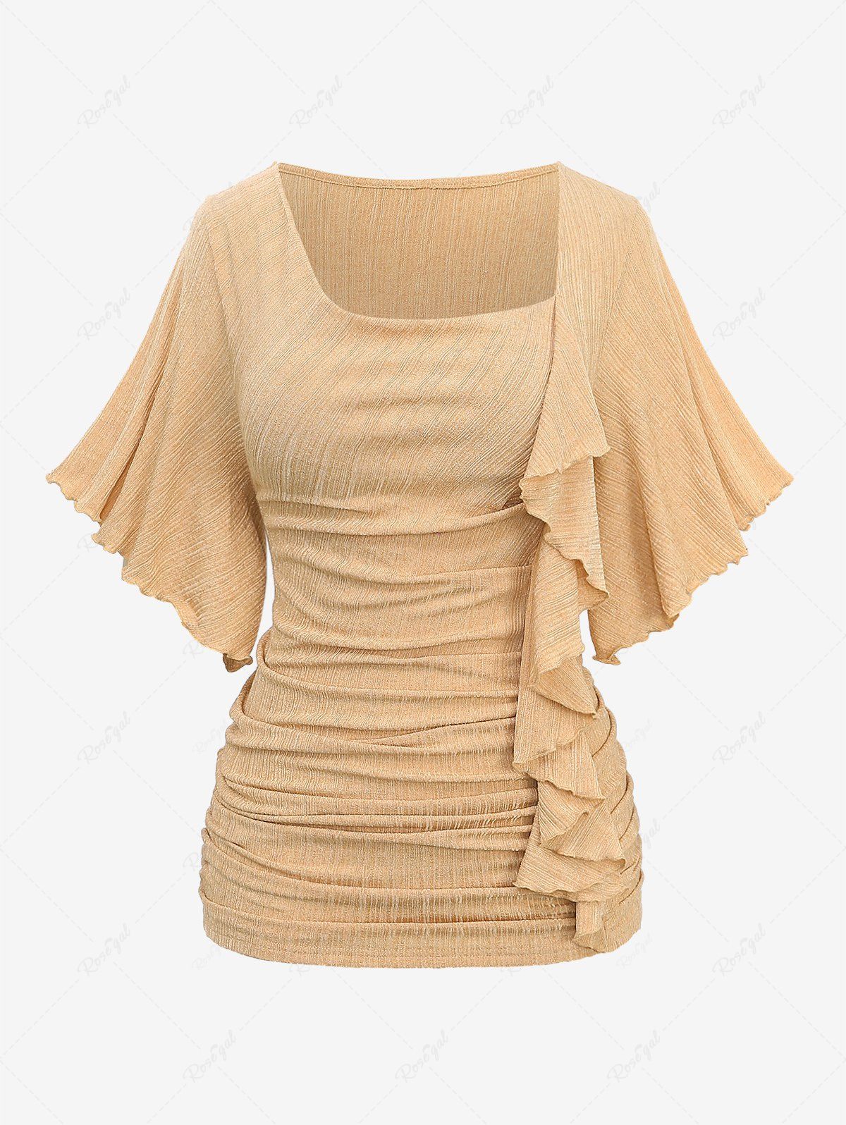 Hot Plus Size Ruffles Asymmetrical Ruched Butterfly Sleeves Textured T-shirt  