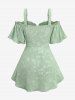 Plus Size Cold Shoulder Floral Leaf Applique O-Ring Zipper Chain Blouse -  