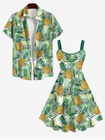 Pineapple Coconut Tree Leaf Print Plus Size Matching Hawaii Beach Outfit For Couples - GREEN