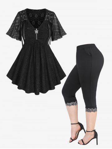 Plaid Lace Butterfly Zipper Eyelet Hollow Out Jacquard Embroidered Top and Legging Plus Size Matching Set - BLACK