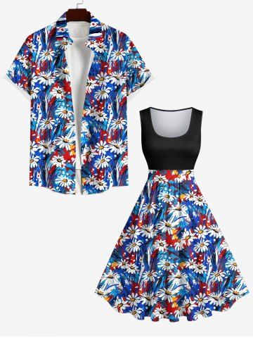 Daisy Flower Oil Painting Print Plus Size Matching Hawaii Beach Outfit For Couples - BLUE