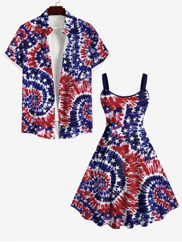 American Flag Spiral Tie Dye Print Plus Size Matching Hawaii Beach Outfit For Couples - BLUE