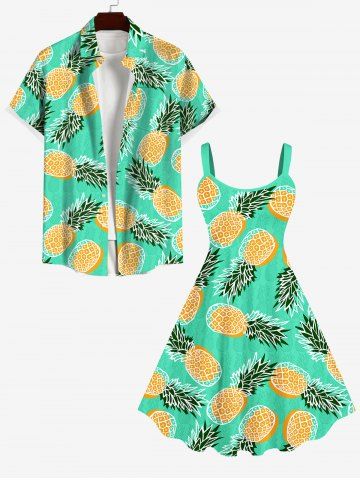 Pineapple Fruie Print Backless Dress and Button Shirt Plus Size Matching Hawaii Beach Outfit For Couples