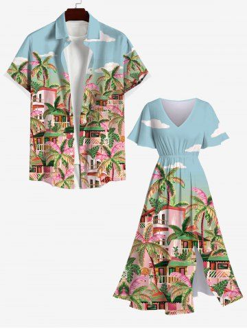 Coconut Tree House Sky Cloud Print Split Pocket Dress and Button Shirt Plus Size Matching Hawaii Beach Outfit For Couples - MULTI-A