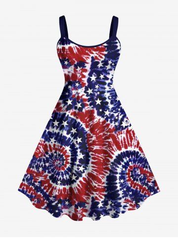 Plus Size American Flag Spiral Tie Dye Print Hawaii Tank Dress - BLUE - XS