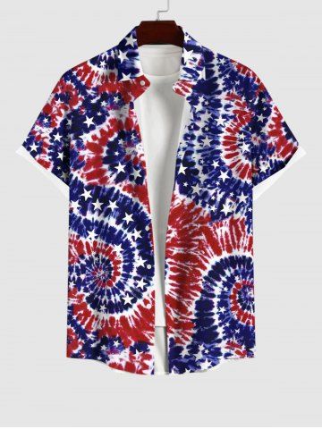 Plus Size American Flag Spiral Tie Dye Print Buttons Pocket Hawaii Shirt For Men - BLUE - M