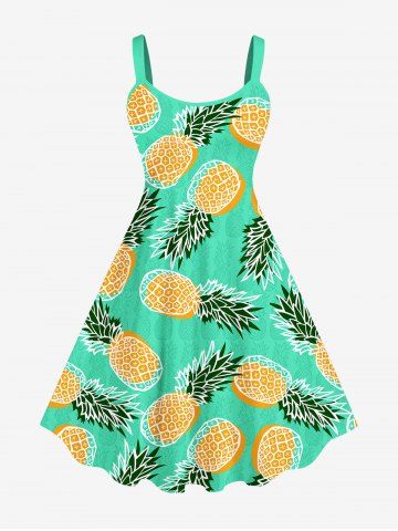 Plus Size Pineapple Fruie Print Hawaii Backless A Line Tank Dress - GREEN - XS
