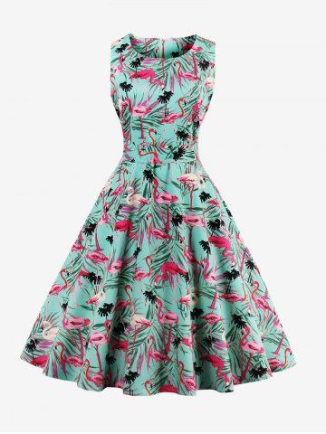 Plus Size Coconut Tree Leaf Flamingo Print 1950s Vintage Dress - GREEN - M