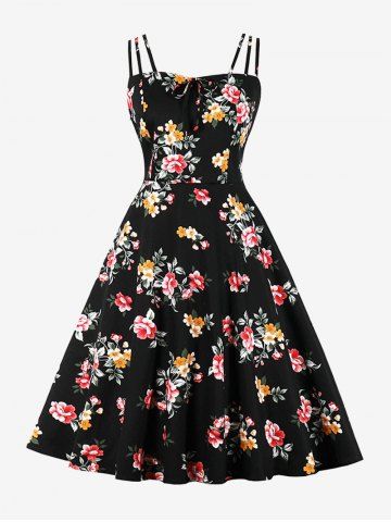Plus Size Flowers Leaf Print Tie Ruched Back Vintage Dress - BLACK - M