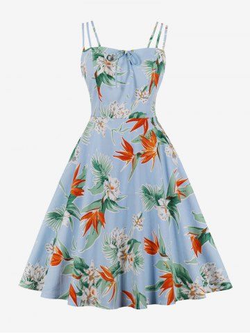 Plus Size Flowers Leaf Print Tie Ruched Back Vintage Dress - LIGHT BLUE - L