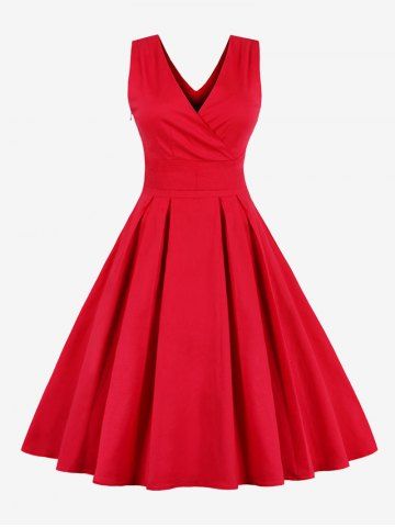 Plus Size Solid Color Surplice Pleated Side Zipper Tank 1950s Vintage Dress - RED - M