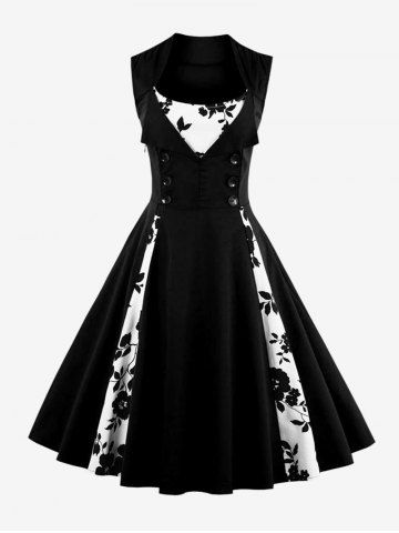 Plus Size Flower Leaf Print Patchwork Buttons Turn Down Collar 1950s Vintage Dress - BLACK - M
