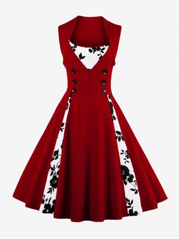 Plus Size Flower Leaf Print Patchwork Buttons Turn Down Collar 1950s Vintage Dress - RED - M