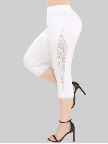 Plus Size Crochet Hollow Out Lace Trim Pockets Capri Leggings - WHITE - L | US 12