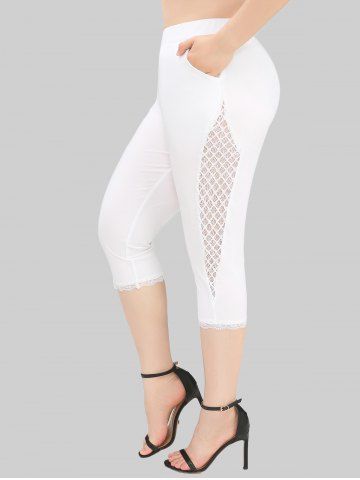 Plus Size Crochet Hollow Out Lace Trim Pockets Capri Leggings