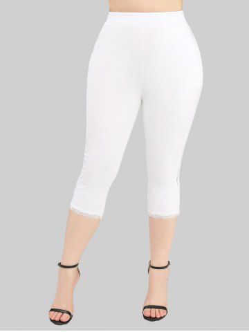 Plus Size Crochet Hollow Out Lace Trim Pockets Capri Leggings