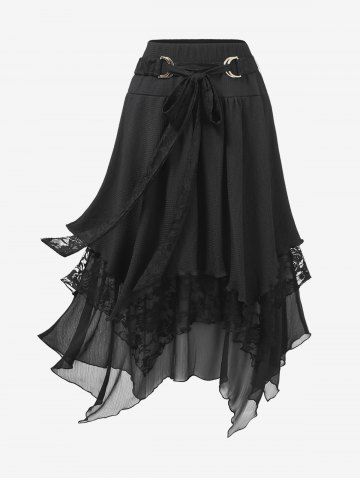 Plus Size Ruffles Floral Lace Asymmetrical Tie Waist Layered Skirt - BLACK - L | US 12