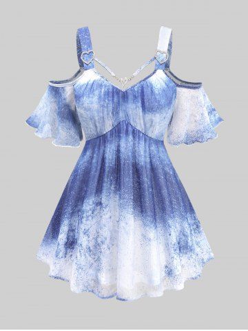 Plus Size Cold Shoulder Splatter Tie Dye Print Heart Buckle Strappy Top - BLUE - M | US 10