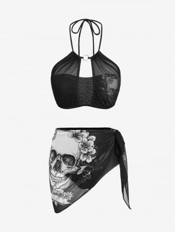 Plus Size Halter Ruched Skull Flower Print Mesh Asymmetrical Skirt 3 Piece Tankini Swimsuit - BLACK - M | US 10