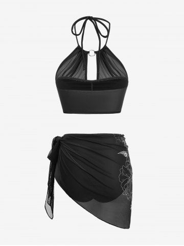 Plus Size Halter Ruched Skull Flower Print Mesh Asymmetrical Skirt 3 Piece Tankini Swimsuit