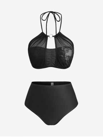 Plus Size Halter Ruched Skull Flower Print Mesh Asymmetrical Skirt 3 Piece Tankini Swimsuit