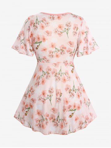 Fashion Ombre Peach Blossom Print Plunging Bowknot Tied Beach Cover Up Solid Boyleg 3 Pieces Tankini Swimsuit