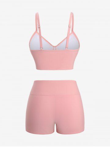 Fashion Ombre Peach Blossom Print Plunging Bowknot Tied Beach Cover Up Solid Boyleg 3 Pieces Tankini Swimsuit