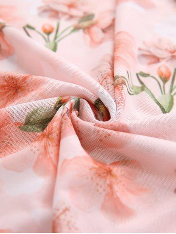 Fashion Ombre Peach Blossom Print Plunging Bowknot Tied Beach Cover Up Solid Boyleg 3 Pieces Tankini Swimsuit